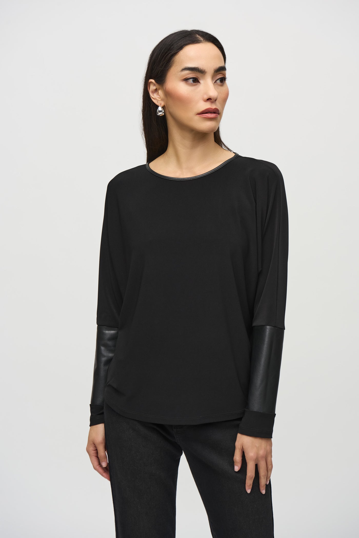 Joseph Ribkoff Black Silky Knit Top with Leatherette Trim