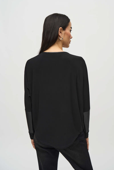 Joseph Ribkoff Black Silky Knit Top with Leatherette Trim