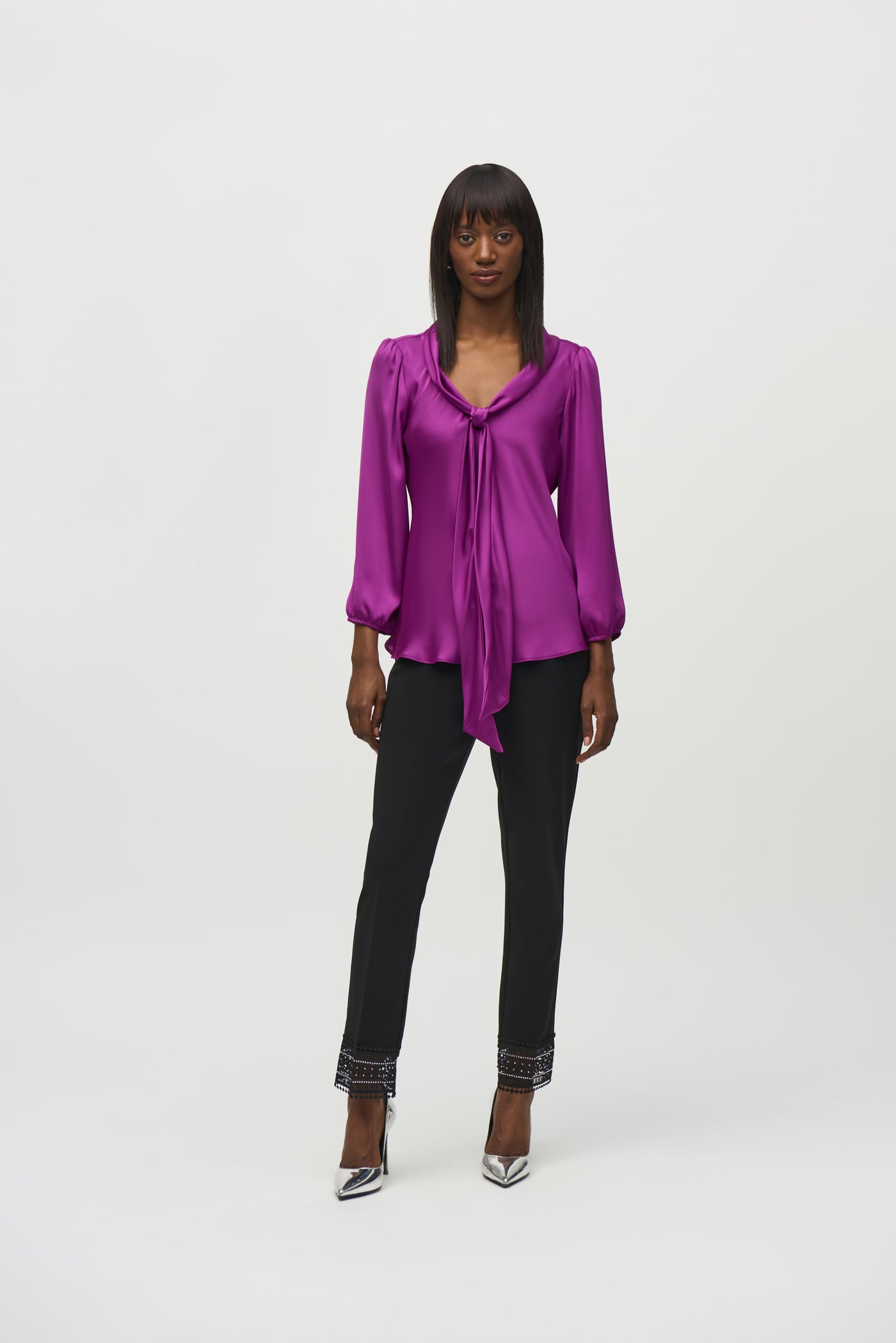 Joseph Ribkoff Purple Blouse Top with Tie Detail and Elasticated Sleeve