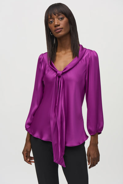 Joseph Ribkoff Purple Blouse Top with Tie Detail and Elasticated Sleeve