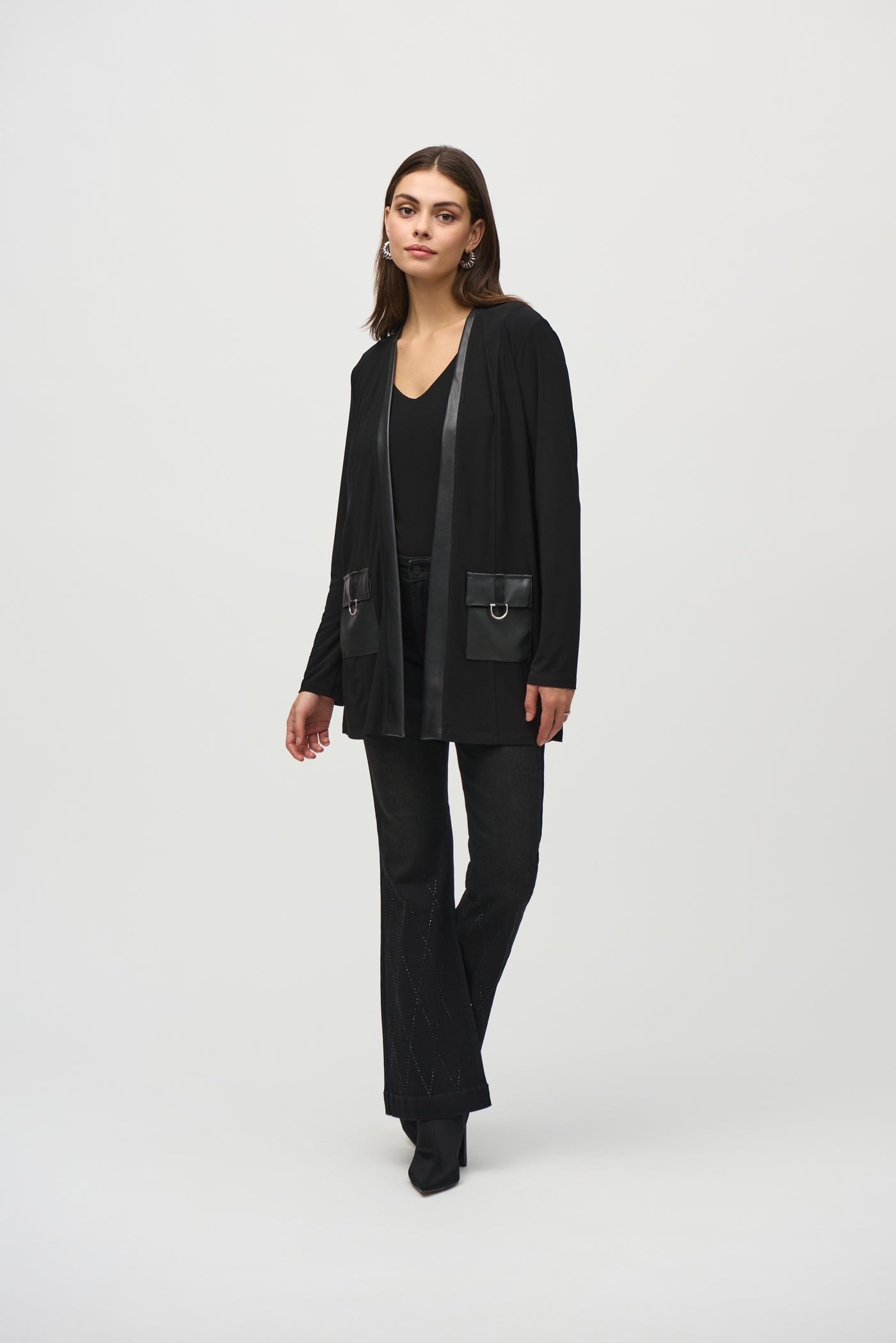 Joseph Ribkoff Black Silky Knit And Leatherette Cardigan