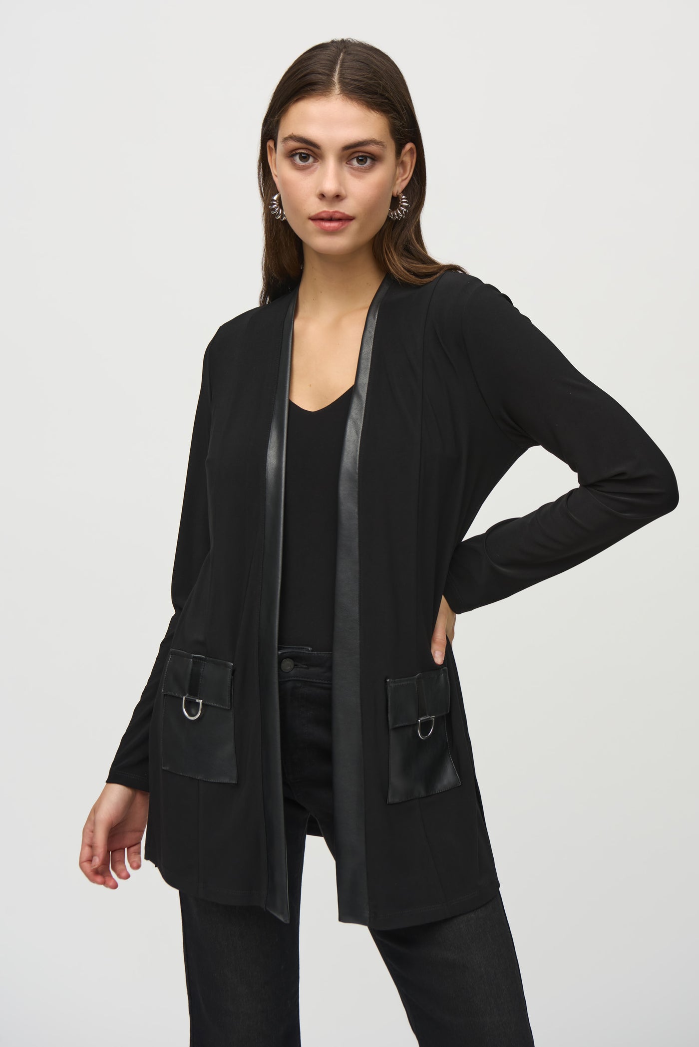 Joseph Ribkoff Black Silky Knit And Leatherette Cardigan