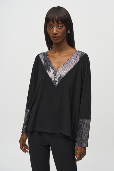 Joseph Ribkoff Black V-Neck Top with Sequined Collar & Cuffs