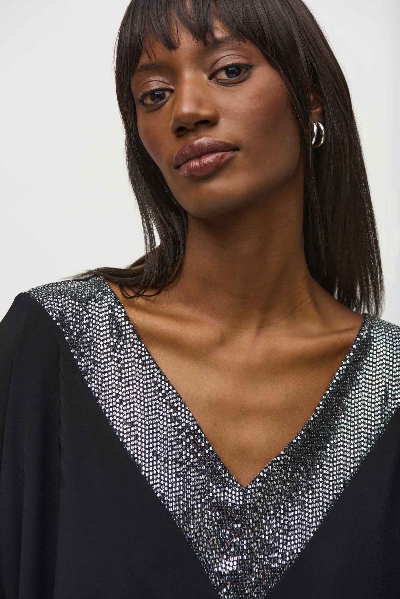 Joseph Ribkoff Black V-Neck Top with Sequined Collar & Cuffs