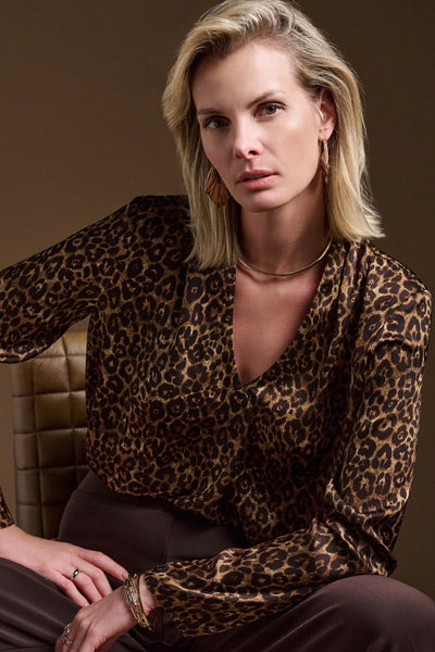 Joseph Ribkoff Leopard Print V-Neck Top with Long Sleeves