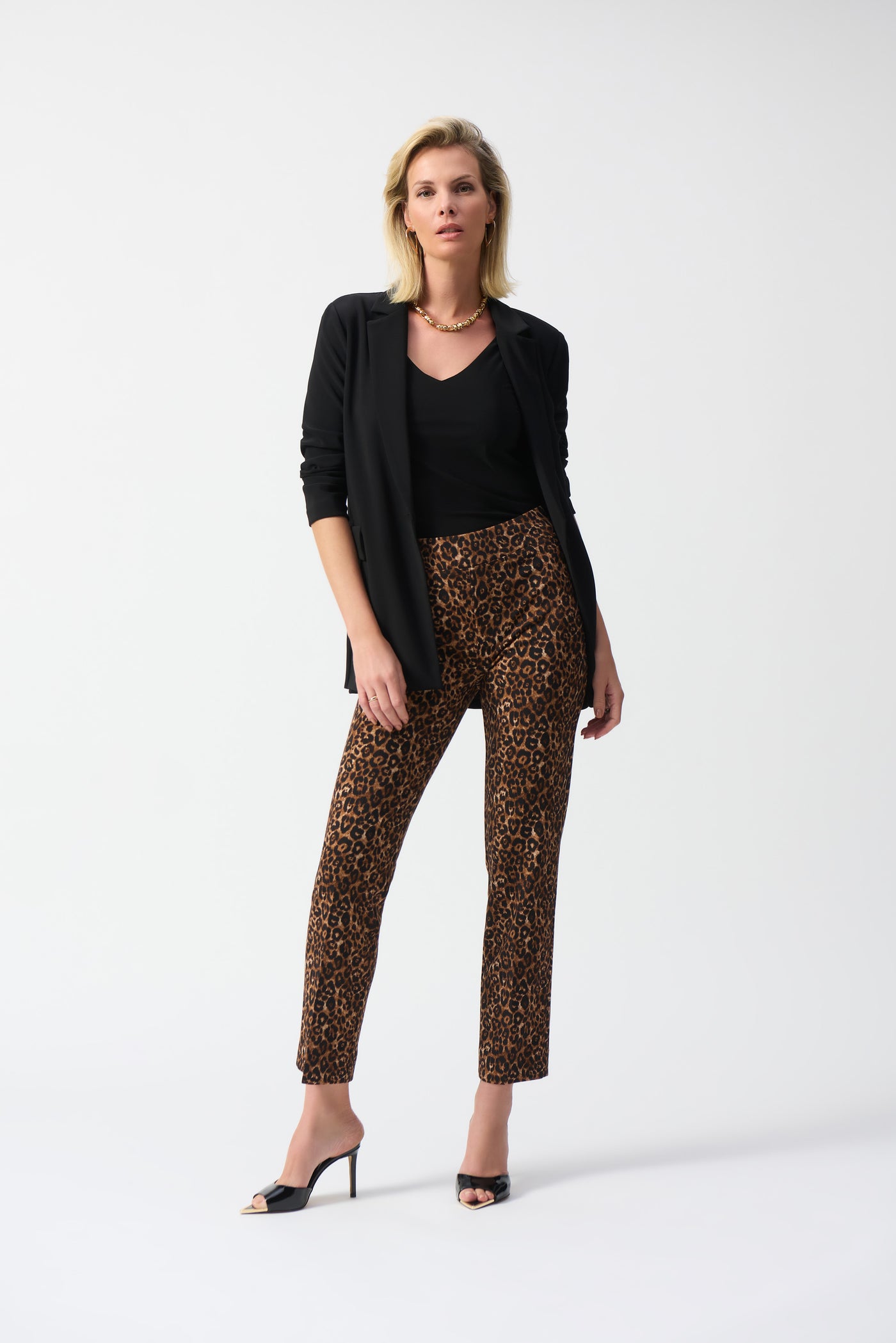 Joseph Ribkoff Black & Beige Silky Knit Animal Print Pull-On Pants