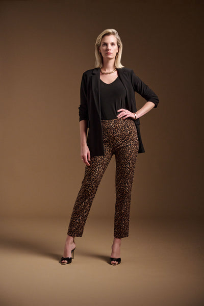 Joseph Ribkoff Black & Beige Silky Knit Animal Print Pull-On Pants