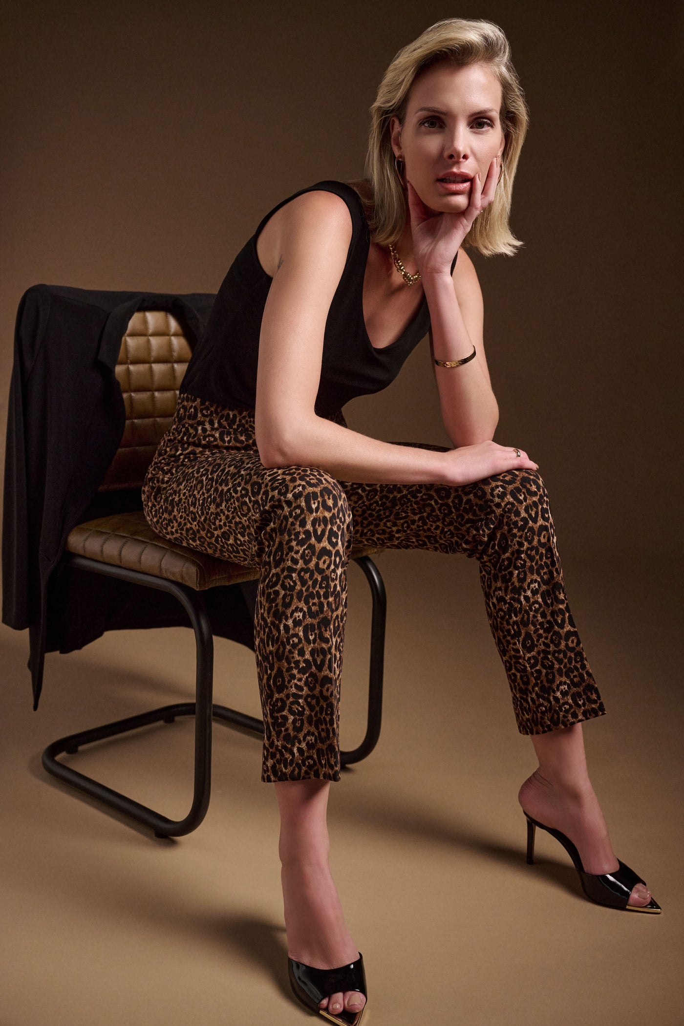 Joseph Ribkoff Black & Beige Silky Knit Animal Print Pull-On Pants