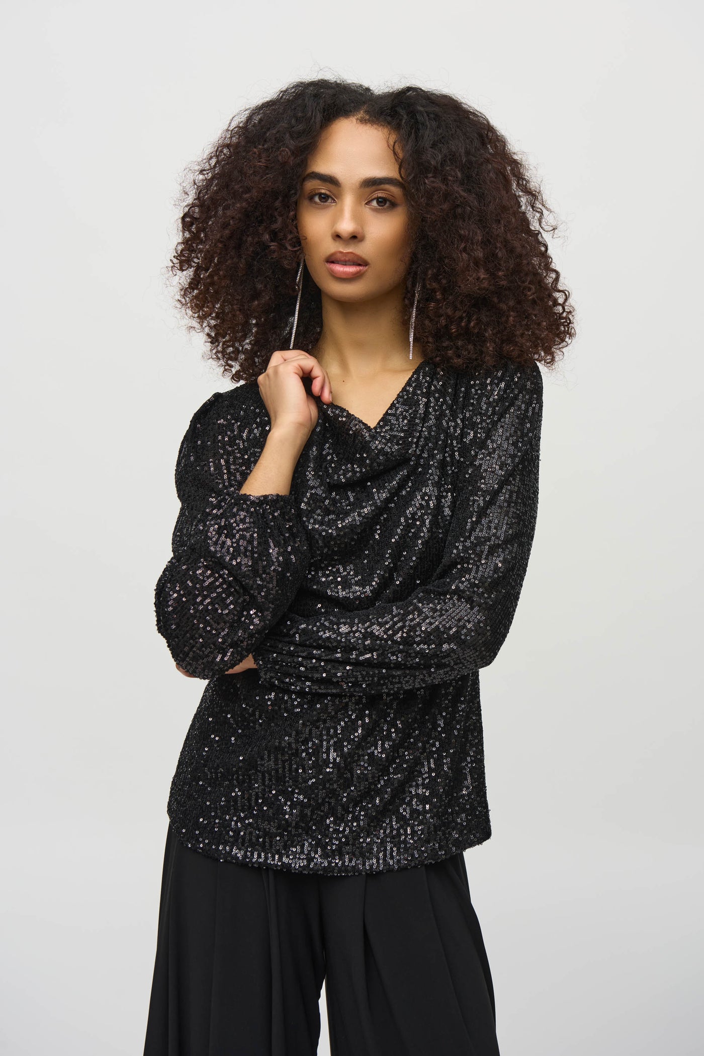 Joseph Ribkoff Black Sequined Cowl Neck Top