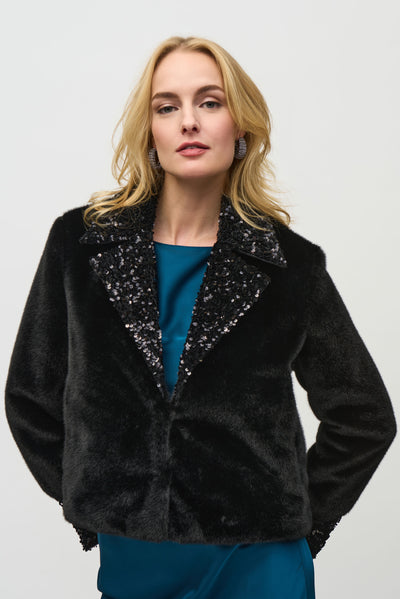 Joseph Ribkoff Black Faux Fur Jacket with Sequinned Trim