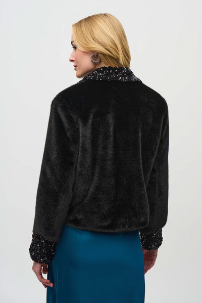 Joseph Ribkoff Black Faux Fur Jacket with Sequinned Trim