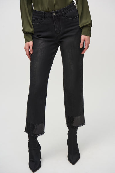 Joseph Ribkoff Black Straight Crop Denim Jeans with Sequin Trim