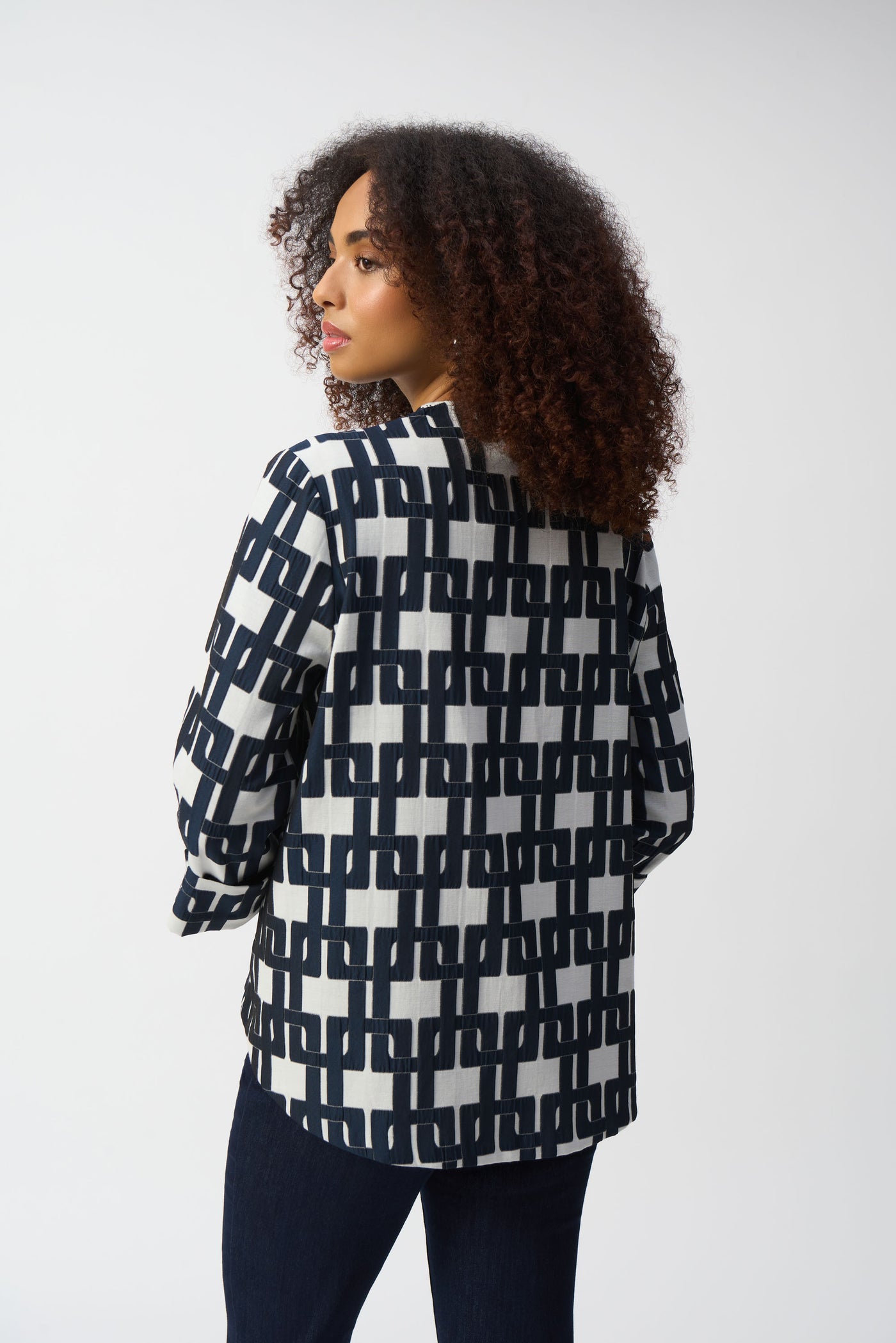 Joseph Ribkoff Navy & Off White Geometric Jacquard Trapeze Jacket