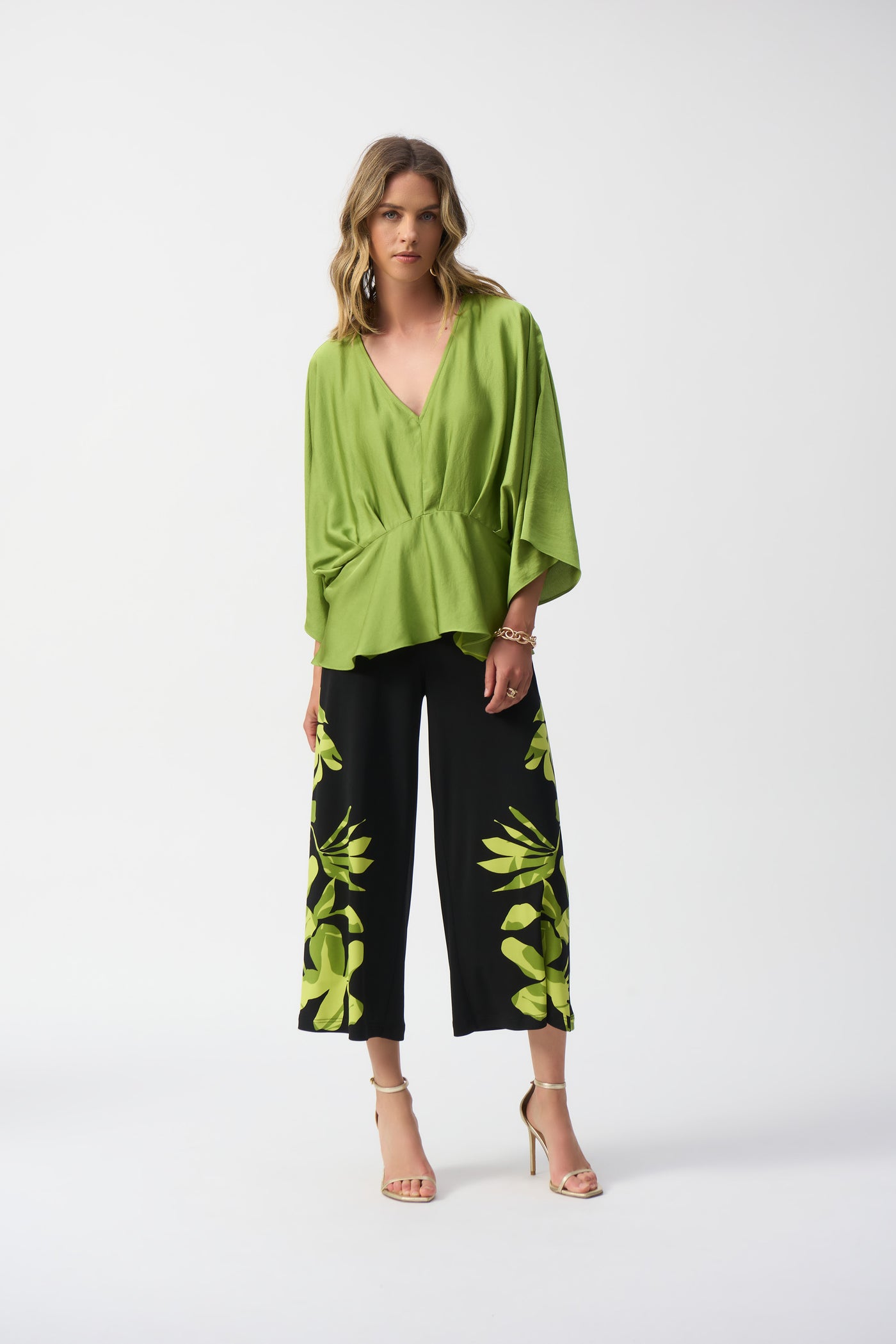 Joseph Ribkoff Greenery Hammered Satin Peplum Top