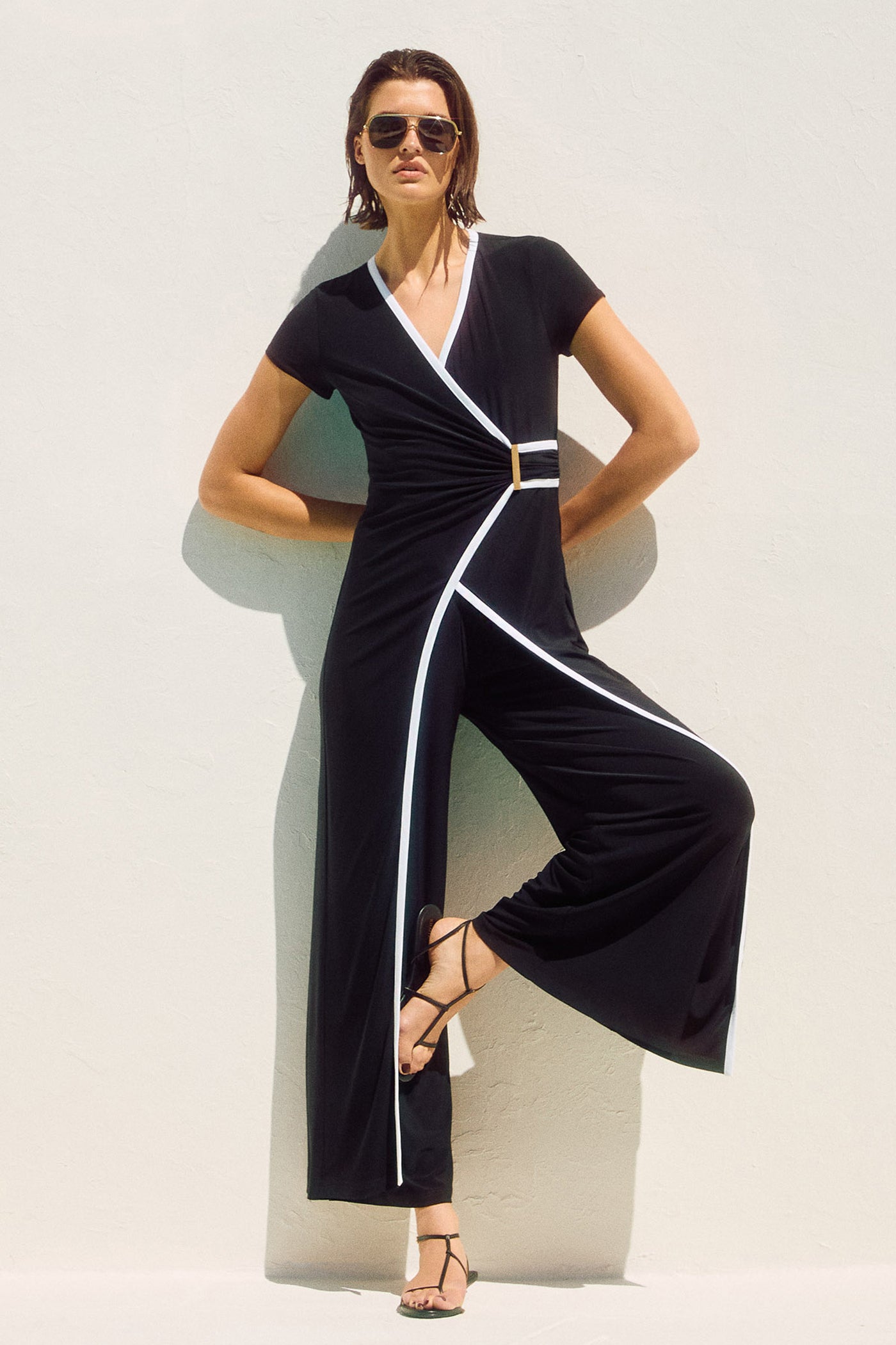 Joseph Ribkoff Black/Vanilla Silky Knit Culotte Jumpsuit