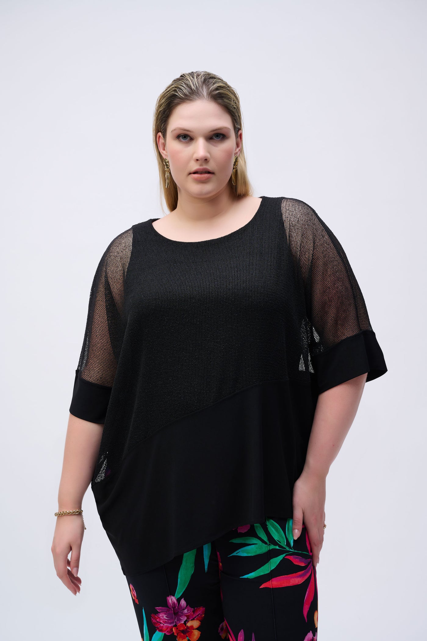 Joseph Ribkoff Black Mesh And Silky Knit Cocoon Top