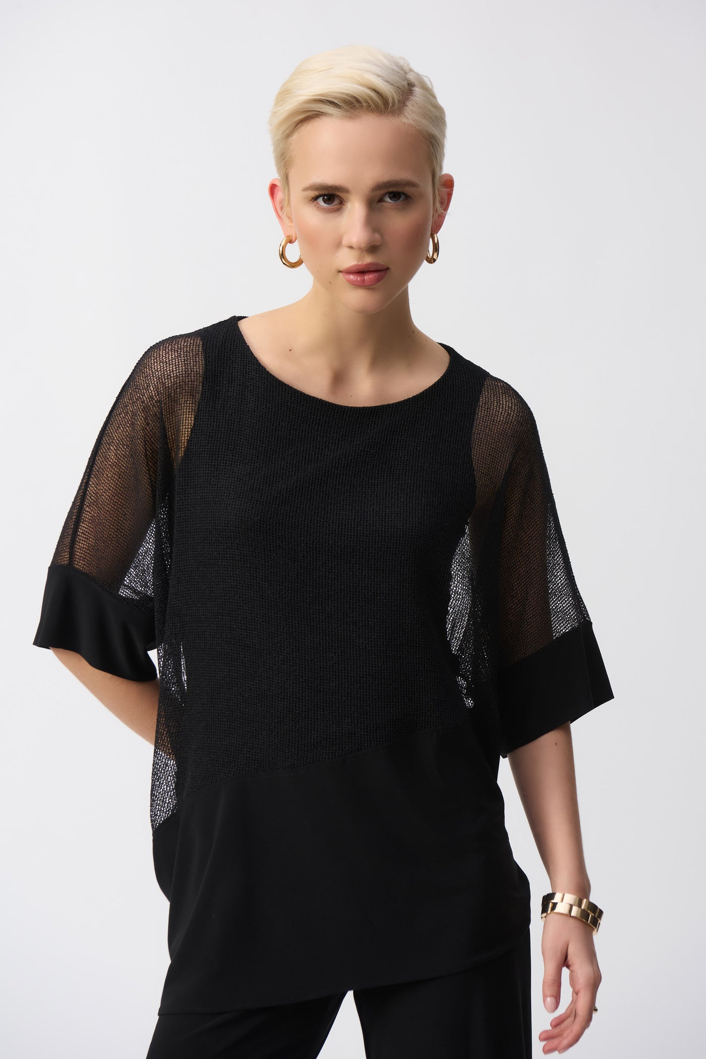 Joseph Ribkoff Black Mesh And Silky Knit Cocoon Top