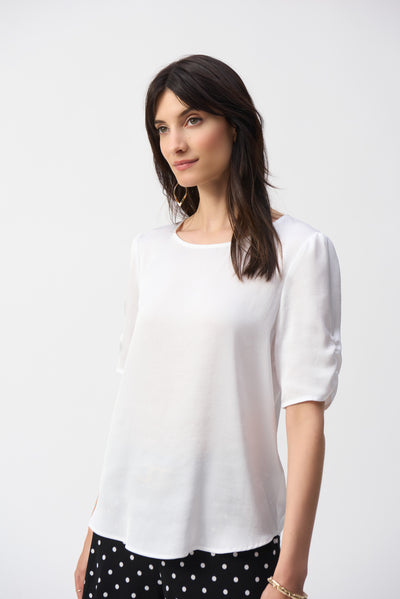 Joseph Ribkoff Vanilla Satin Top With Ruched Short Sleeve