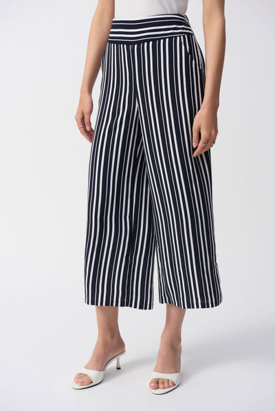 Joseph Ribkoff Vanilla/Midnight Blue Woven Striped Culotte Pants