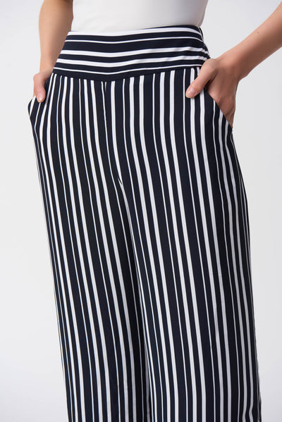 Joseph Ribkoff Vanilla/Midnight Blue Woven Striped Culotte Pants