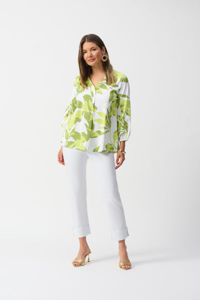 Joseph Ribkoff Green & White Stretch Poplin Floral Print Trapeze Top