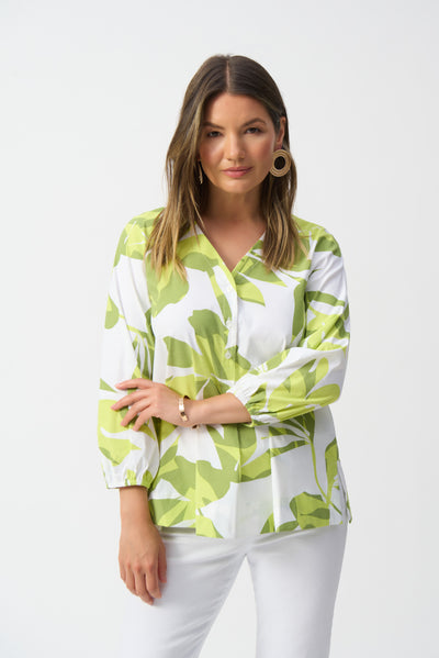 Joseph Ribkoff Green & White Stretch Poplin Floral Print Trapeze Top