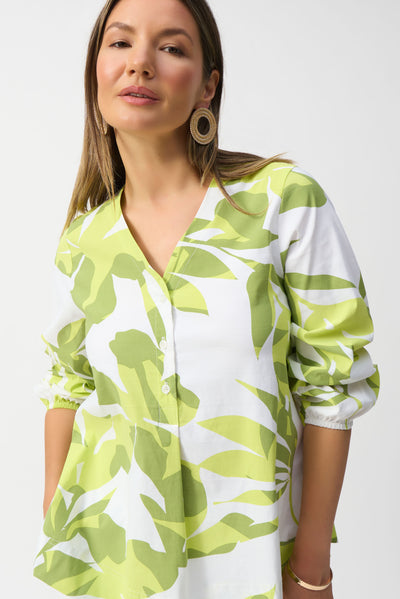 Joseph Ribkoff Green & White Stretch Poplin Floral Print Trapeze Top