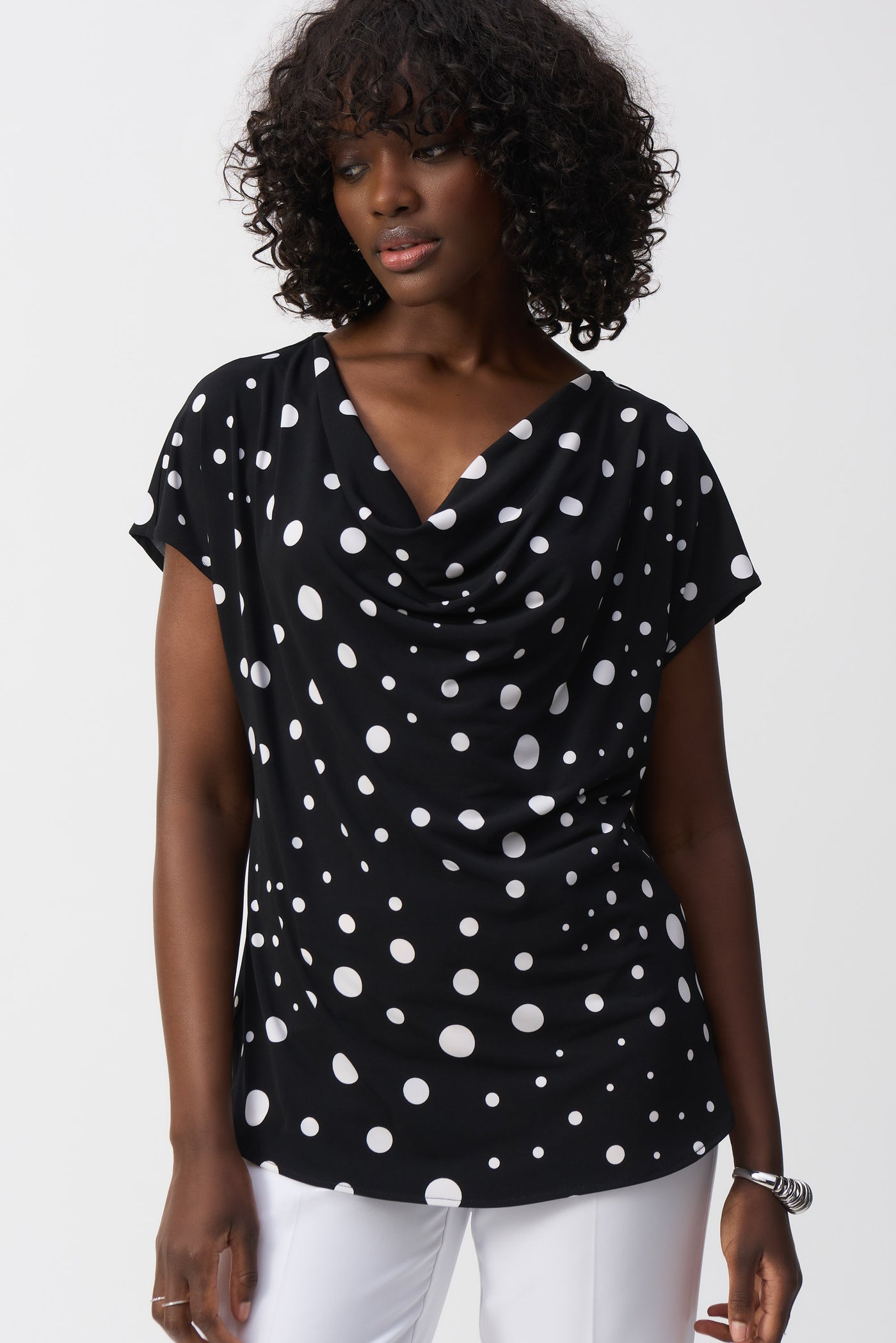 Joseph Ribkoff Dot Print Short Sleeve Cowl Neck Top