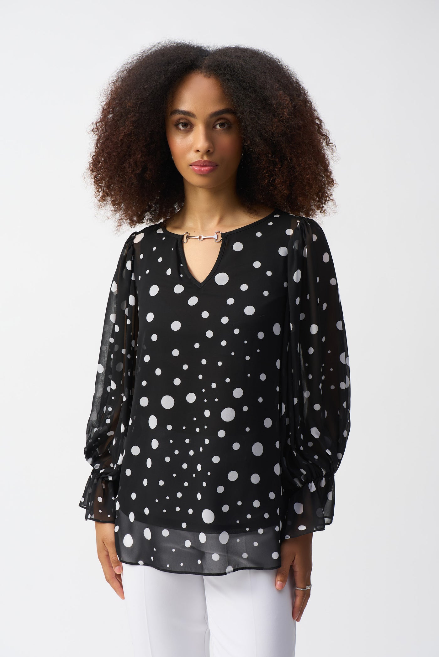 Joseph Ribkoff Chiffon Dot Print Boxy Top with Embellished Keyhole Neckline