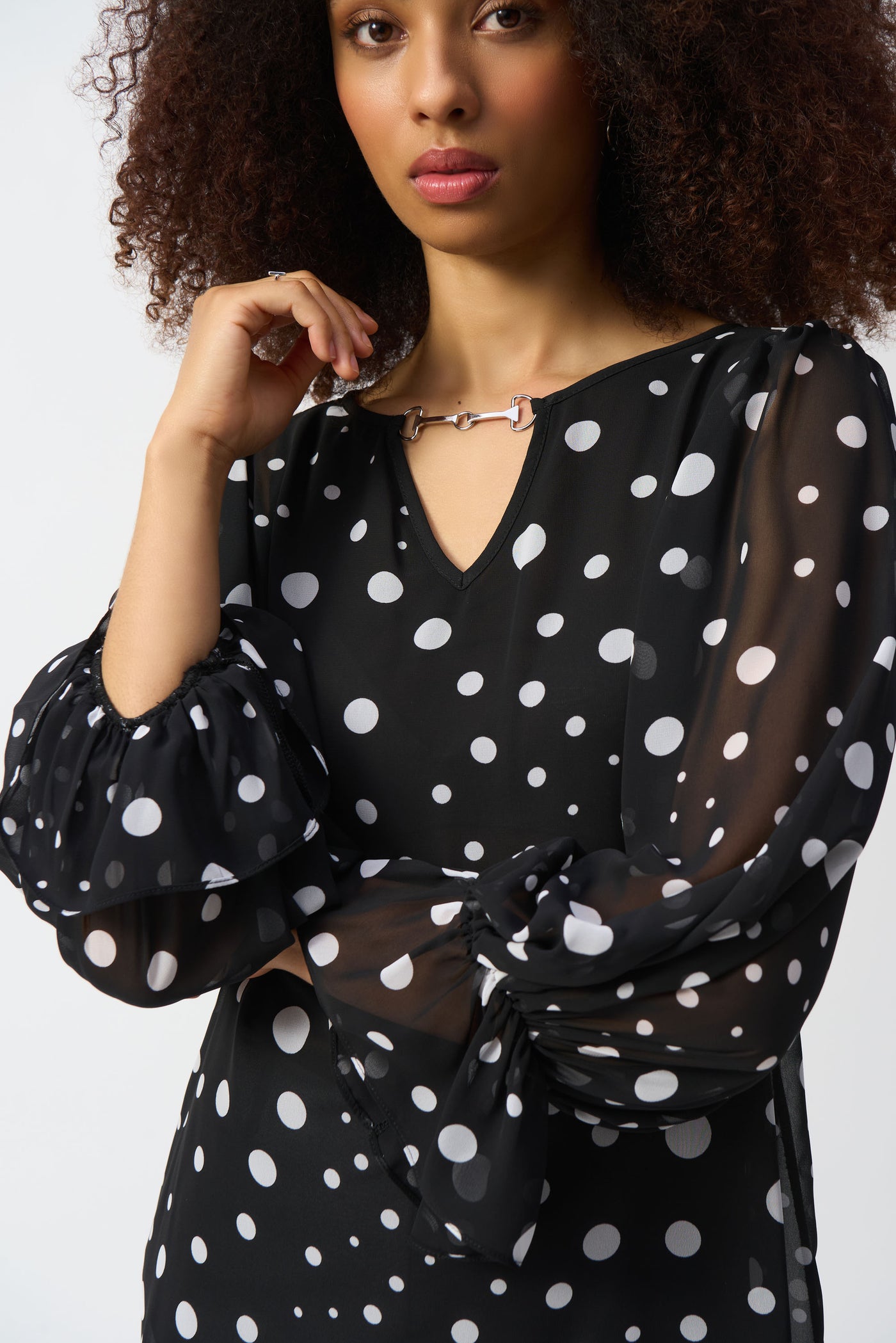 Joseph Ribkoff Chiffon Dot Print Boxy Top with Embellished Keyhole Neckline