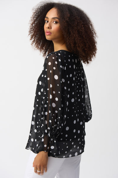 Joseph Ribkoff Chiffon Dot Print Boxy Top with Embellished Keyhole Neckline