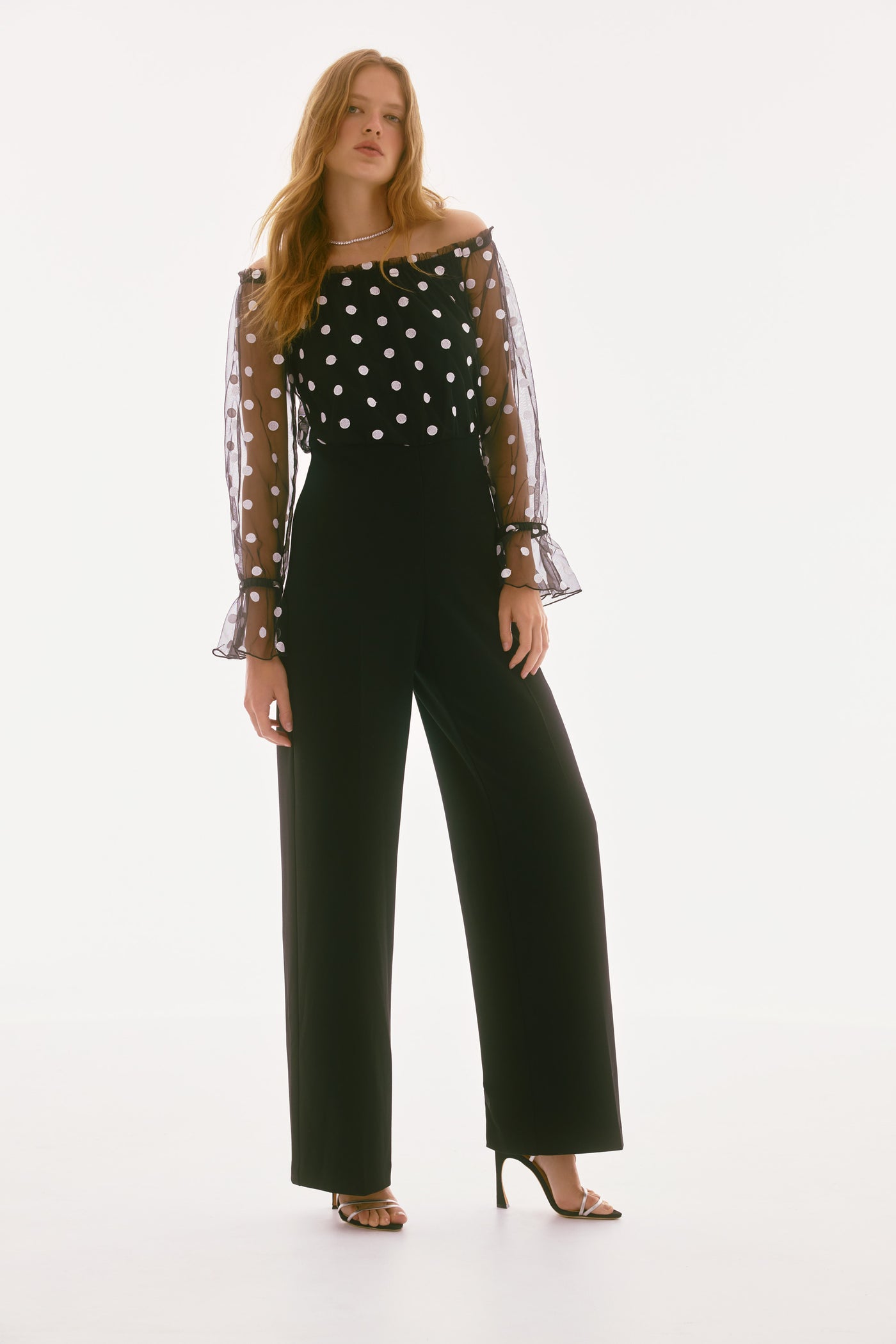 Joseph Ribkoff Black & White Dot Mesh And Scuba Crepe Jumpsuit