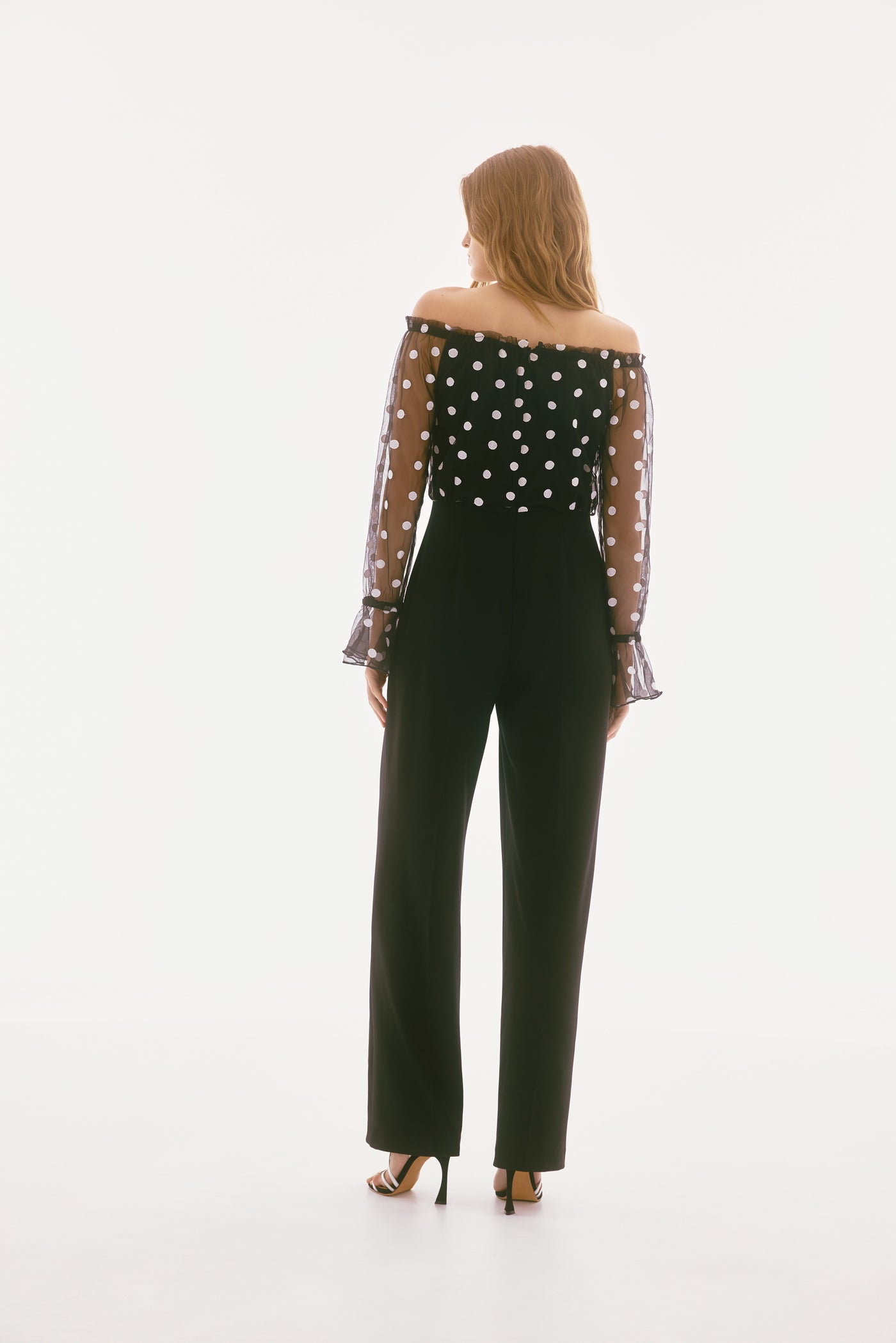 Joseph Ribkoff Black & White Dot Mesh And Scuba Crepe Jumpsuit