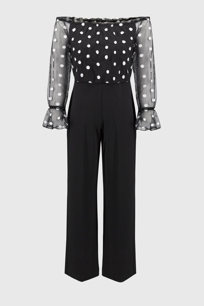 Joseph Ribkoff Black & White Dot Mesh And Scuba Crepe Jumpsuit