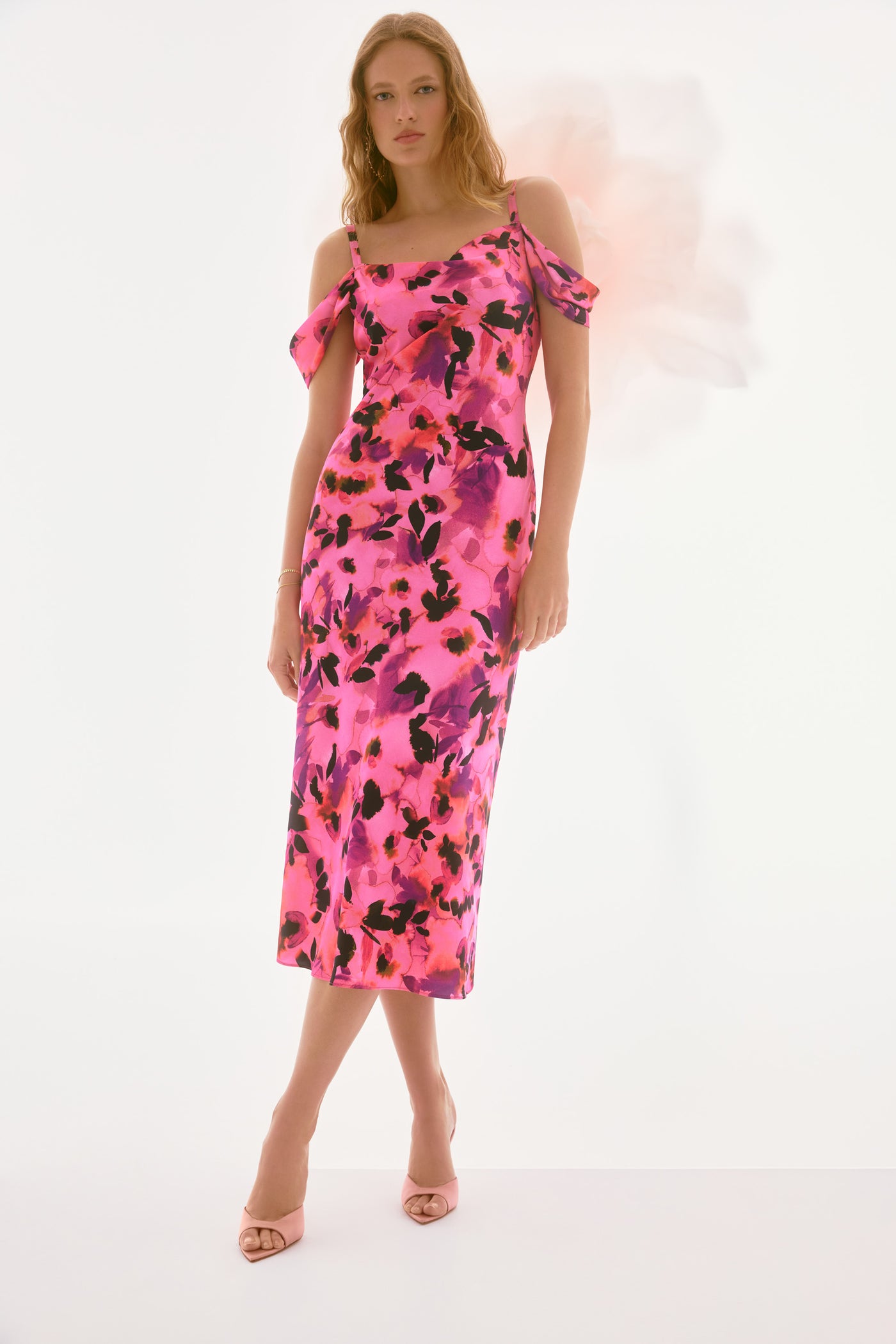 Joseph Ribkoff Pink Satin Floral Sheath Dress with Cold Shoulder