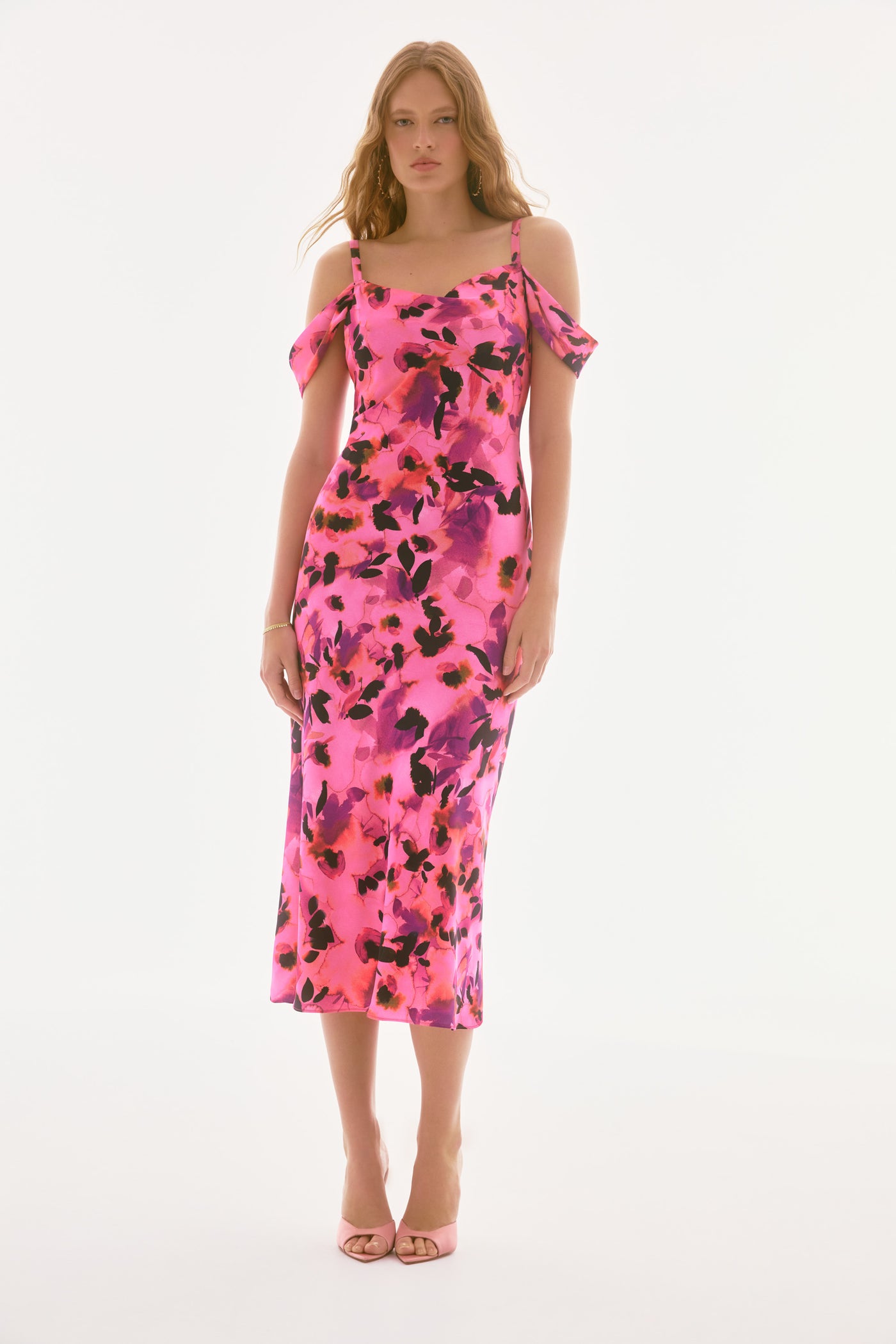 Joseph Ribkoff Pink Satin Floral Sheath Dress with Cold Shoulder