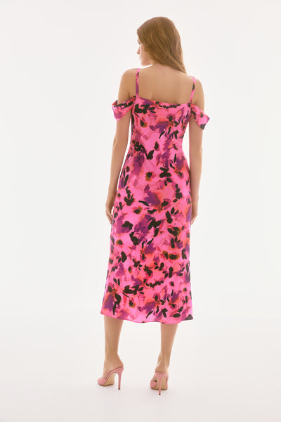 Joseph Ribkoff Pink Satin Floral Sheath Dress with Cold Shoulder