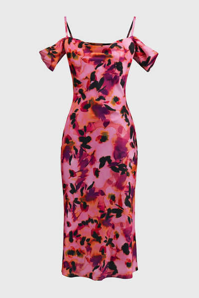 Joseph Ribkoff Pink Satin Floral Sheath Dress with Cold Shoulder