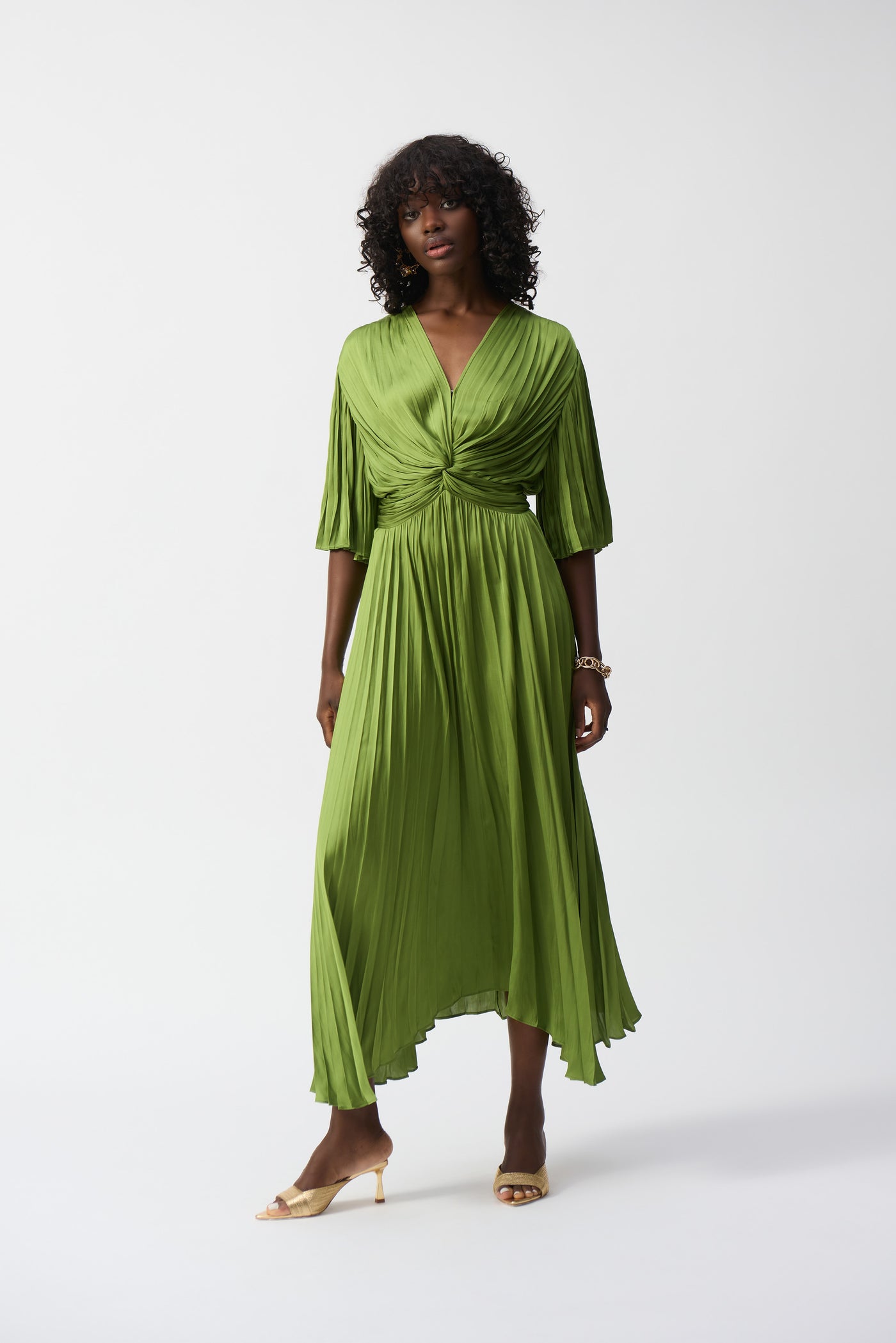 Joseph Ribkoff Greenery Pleated Satin Midi Dress