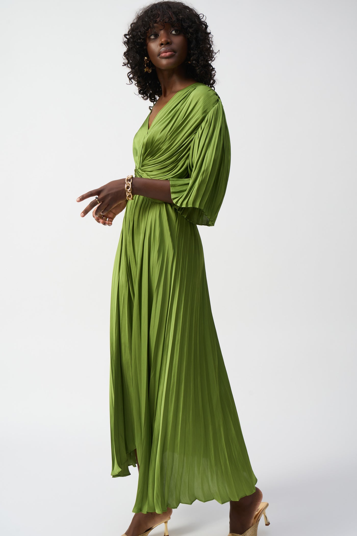 Joseph Ribkoff Greenery Pleated Satin Midi Dress