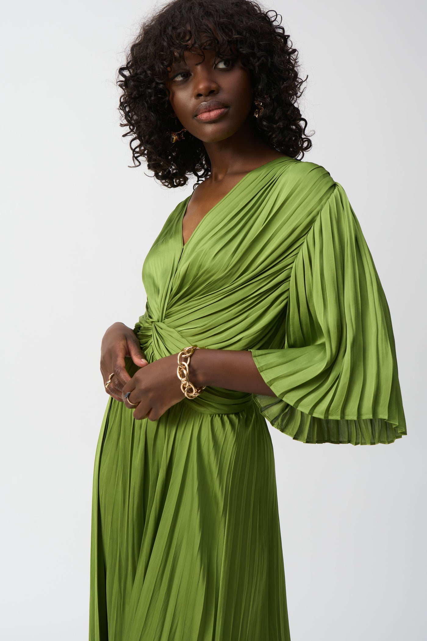 Joseph Ribkoff Greenery Pleated Satin Midi Dress