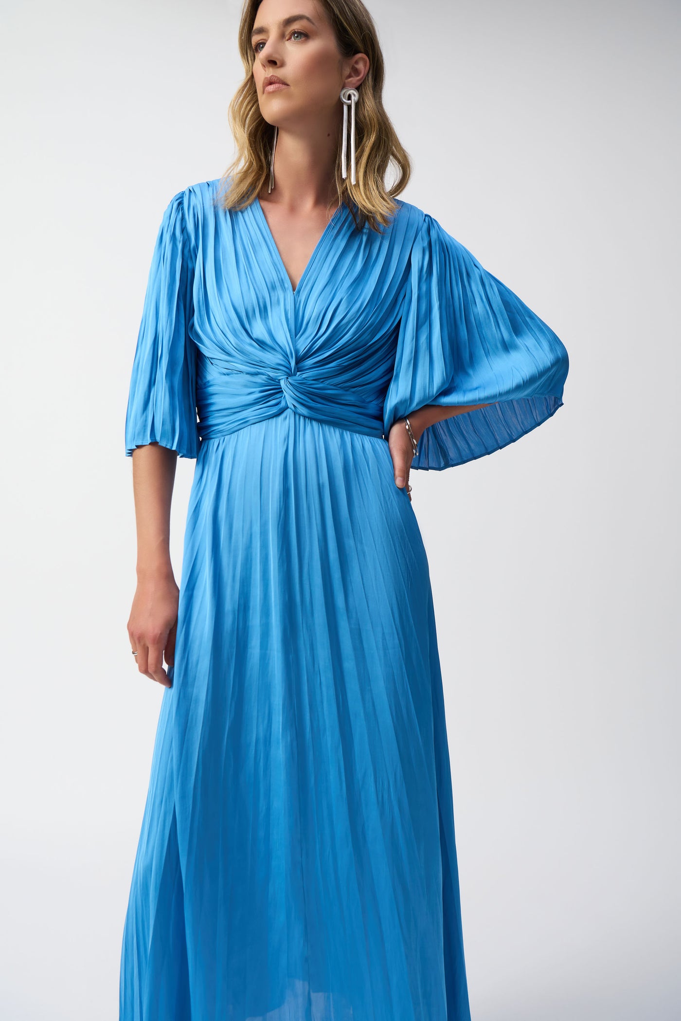 Joseph Ribkoff Coastal Blue Pleated Satin Midi Dress