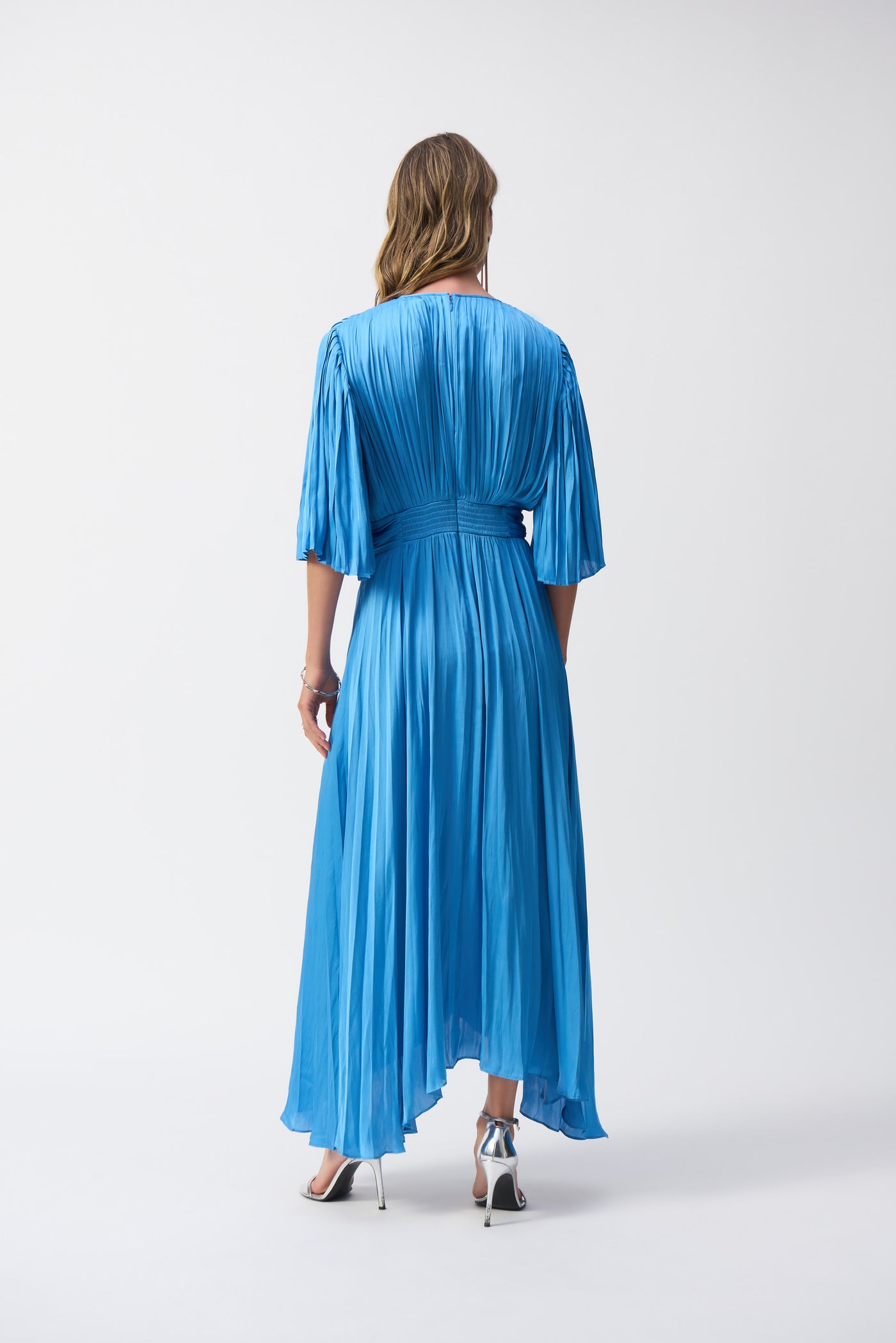 Joseph Ribkoff Coastal Blue Pleated Satin Midi Dress