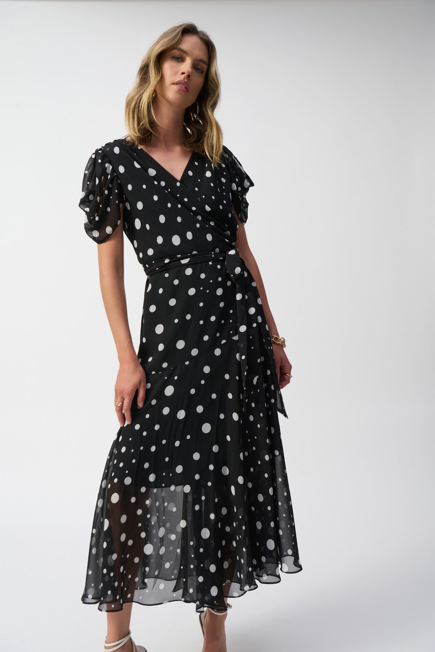 Joseph Ribkoff Chiffon Dot Print Wrap Dress