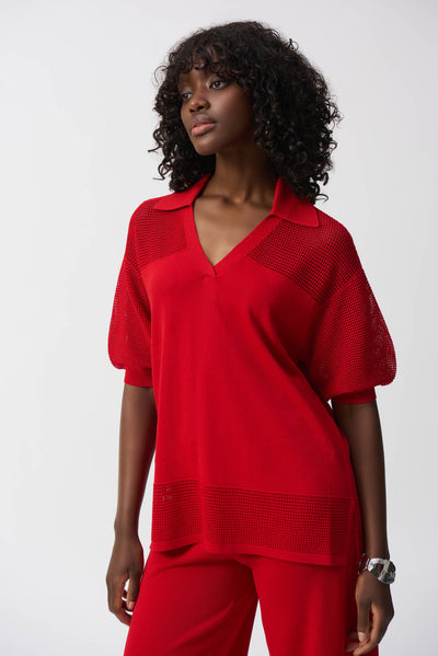 Joseph Ribkoff Red Sweater Knit Pullover With Pointelle Detail