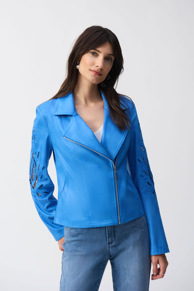 Joseph Ribkoff Coastal Blue Foiled Faux-Suede Moto Jacket