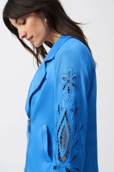 Joseph Ribkoff Coastal Blue Foiled Faux-Suede Moto Jacket