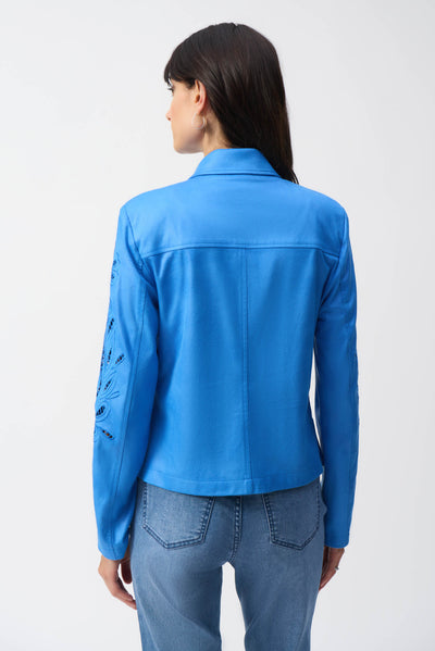 Joseph Ribkoff Coastal Blue Foiled Faux-Suede Moto Jacket