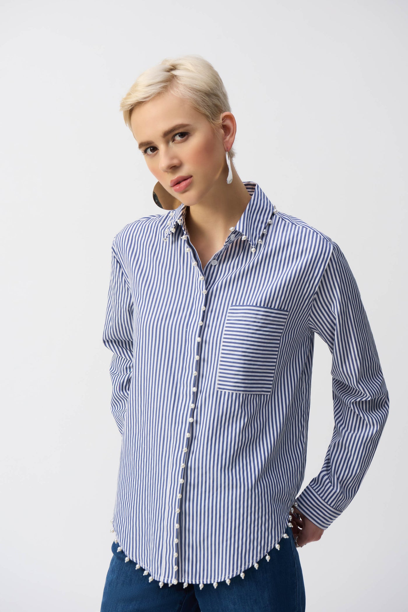 Joseph Ribkoff Striped Stretch Cotton Shirt with Pearl Trim