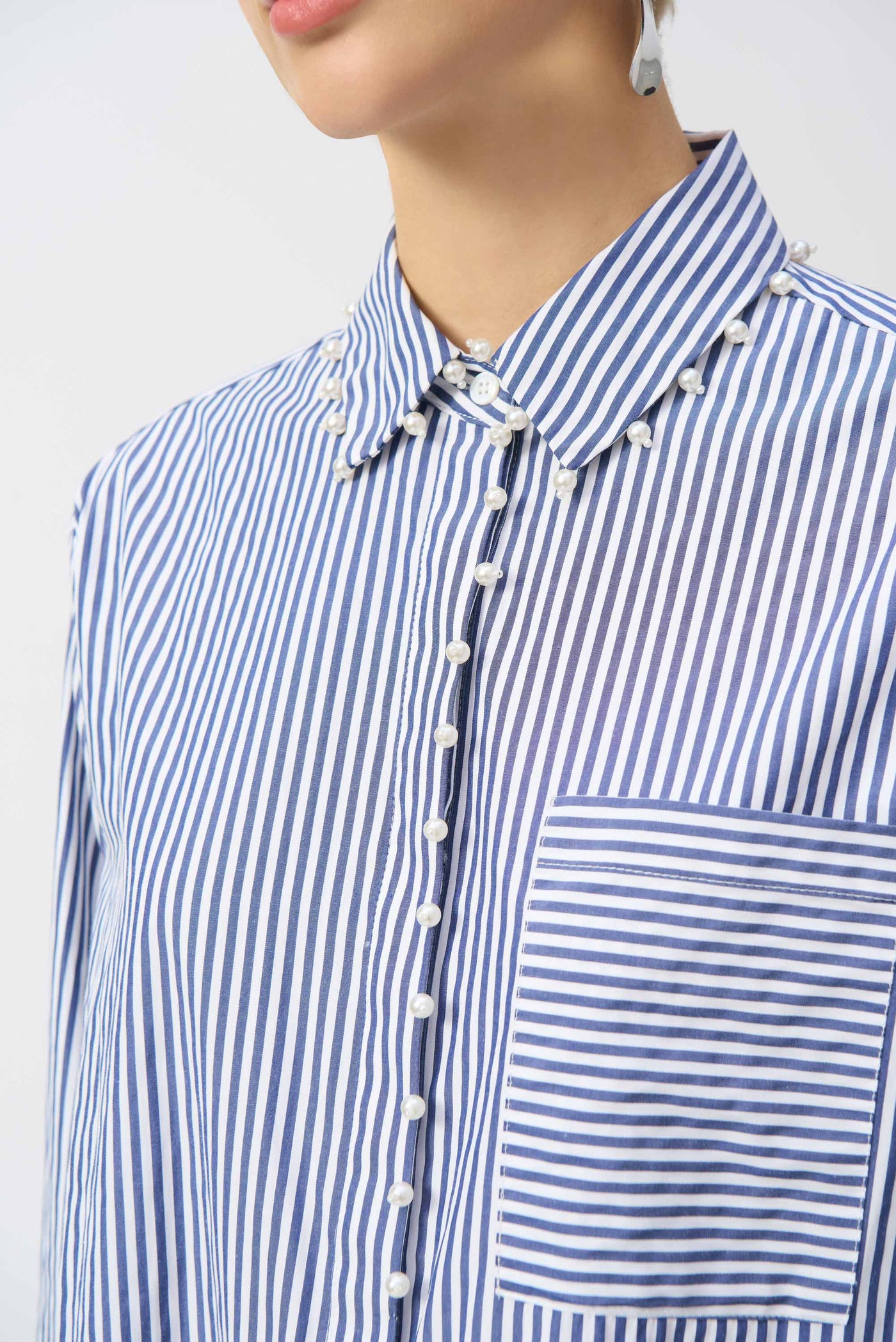 Joseph Ribkoff Striped Stretch Cotton Shirt with Pearl Trim